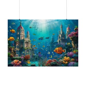 Underwater city with ancient towers, vibrant coral reefs, and colorful fish swimming under sunlight