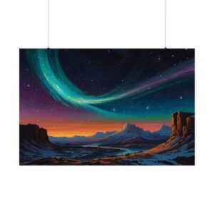 vibrant aurora lights swirling in the sky over a mountainous alien landscape at dusk