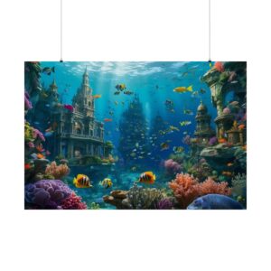 Underwater city with ancient ruins, vibrant coral reefs, and colorful fish swimming through sunlit water