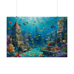 Vibrant underwater city with ancient towers, coral reefs, and colorful fish swimming through