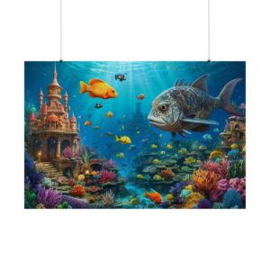 Large fish swimming in front of an underwater city with vibrant coral reefs and colorful marine life