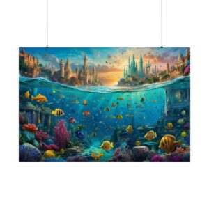 Vibrant underwater city with coral reefs, colorful fish, and ancient structures at sunset