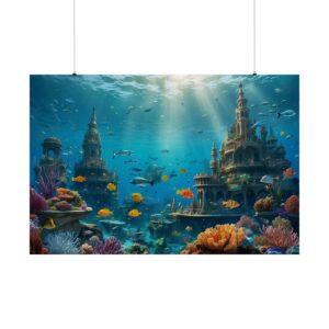 Underwater city with coral reefs, fish, and ancient structures illuminated by sunlight