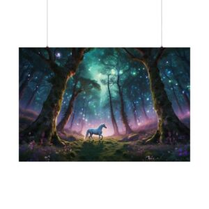 White unicorn standing in a mystical glowing forest with tall trees and magical lights