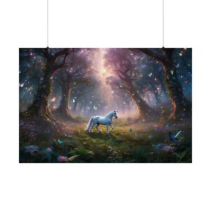 White unicorn walking through an enchanted forest with glowing butterflies and mystical light