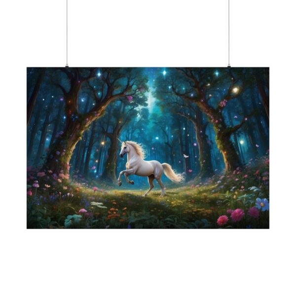 White unicorn running through an enchanted forest with glowing lights and magical trees