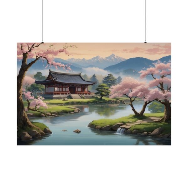 Peaceful Zen garden with cherry blossom trees, a calm pond, traditional pavilion, and mountains in the background.