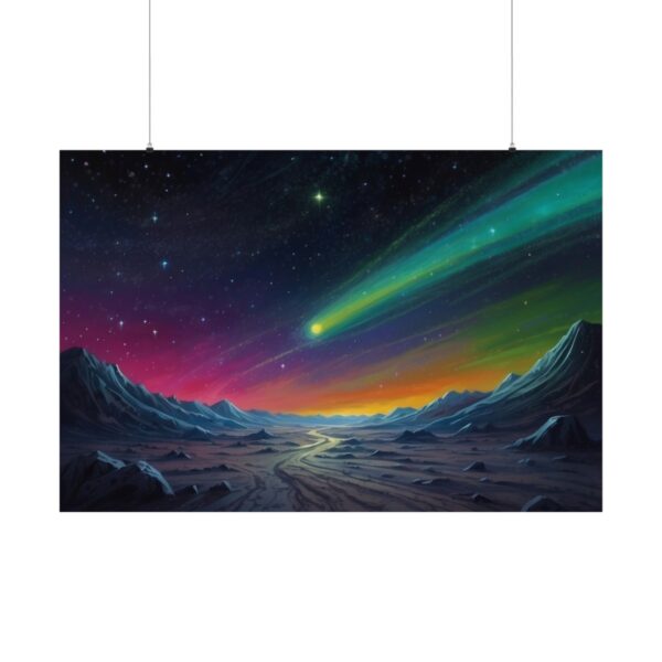 vibrant aurora lights and a comet streaking across the sky over an alien landscape with mountains