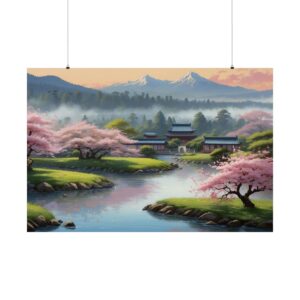 Tranquil Zen landscape with cherry blossoms, a calm river, traditional buildings, and mountains in the background.