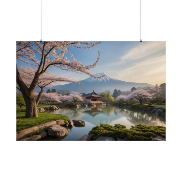 Peaceful Zen garden with cherry blossom trees, a calm pond, rocks, and a traditional pavilion, with mountains in the background.