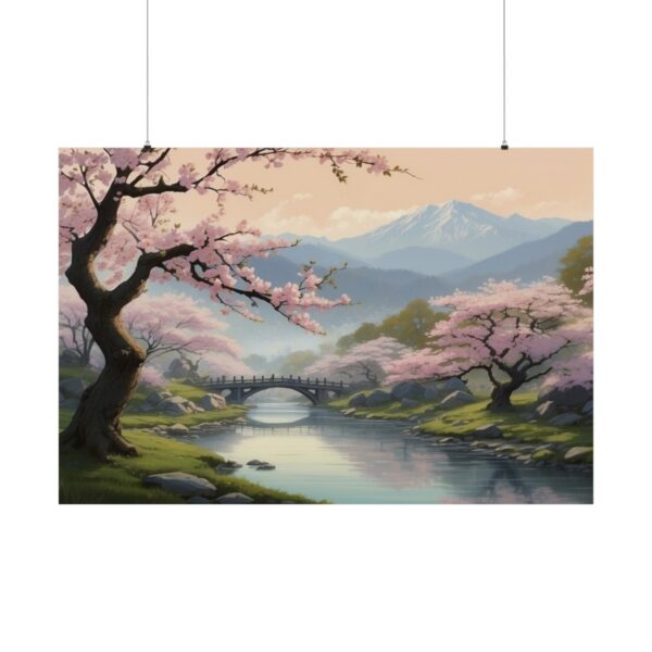 Peaceful landscape with cherry blossom trees, a stone bridge over a calm river, and mountains in the background.