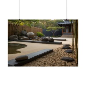 Serene Zen garden with smooth stones, a sandy pathway, bamboo, and a tranquil pond near a traditional pavilion.