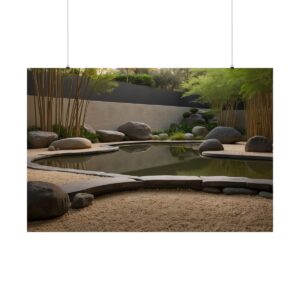 Peaceful Zen garden with a circular pond, smooth stones, bamboo, and a sandy path creating a serene atmosphere.