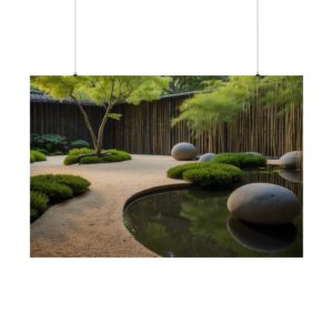 Serene Zen garden with a curved pond, smooth stones, green shrubs, and a tree surrounded by a sandy path.