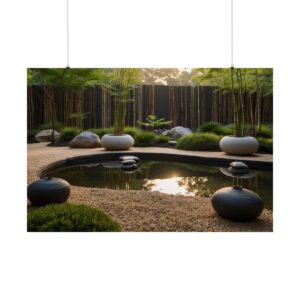 Peaceful Zen garden with a curved pond, smooth stones, bamboo, and greenery surrounding a gravel pathway.