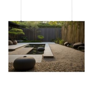 Minimalist Zen garden with smooth stones, a rectangular pond, bamboo, and a gravel pathway creating a peaceful atmosphere.