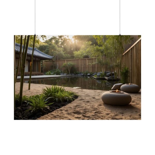 Peaceful Zen garden with a sandy area, smooth stones, bamboo, and a calm pond reflecting sunlight near a traditional pavilion.