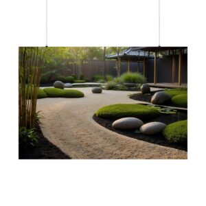 Serene Zen garden with a curved gravel path, smooth stones, green shrubs, bamboo trees, and a traditional pavilion.