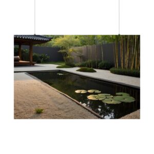 Peaceful Zen garden with a rectangular pond, lily pads, bamboo trees, and a traditional pavilion.