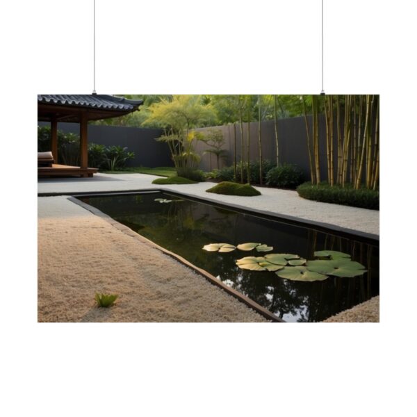 Peaceful Zen garden with a rectangular pond, lily pads, bamboo trees, and a traditional pavilion.