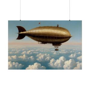 Vintage airship flying high above the clouds with a clear sky backdrop.