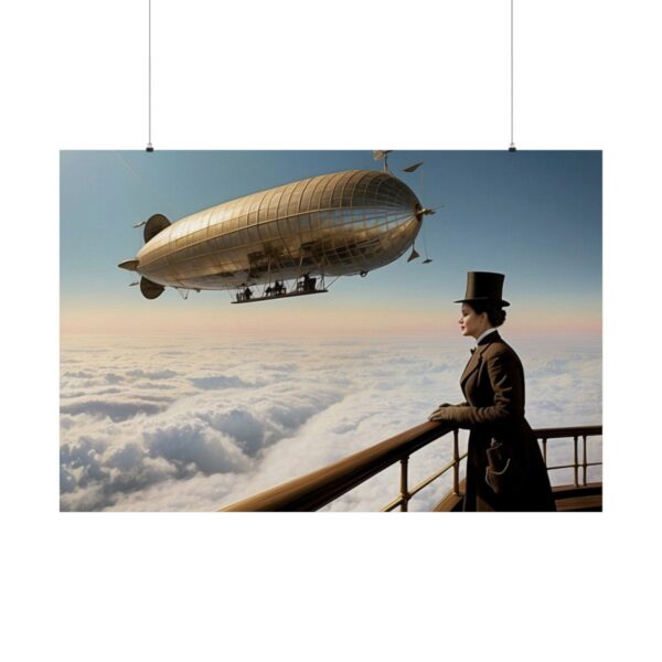 Woman in vintage attire standing on a deck, watching a large airship flying above the clouds.