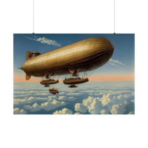 Vintage airship flying high above the clouds at sunset, with smaller support crafts attached below.