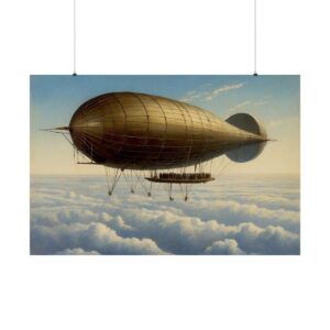 Vintage airship flying above the clouds with a calm sky, showcasing early aviation innovation.