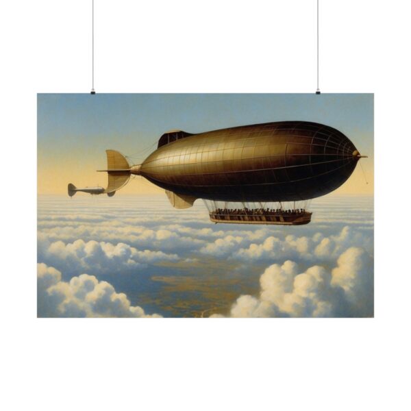 Vintage airship flying above clouds with a clear sky, showcasing early aviation technology.