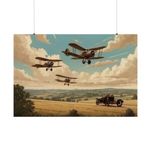 Three vintage biplanes flying over a countryside landscape with an old car on a road below under a bright, cloudy sky.