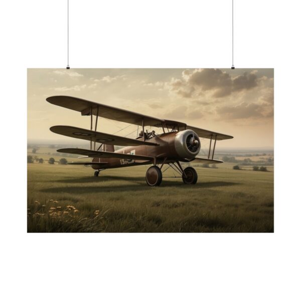 Vintage biplane on a grassy field under a cloudy sky, ready for takeoff in a serene countryside setting.