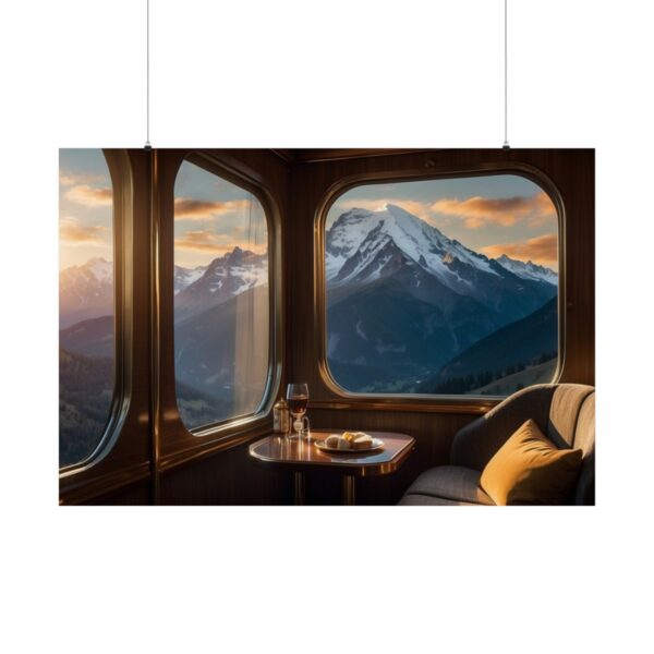 Luxurious vintage train interior with large windows offering panoramic views of mountains at sunset.