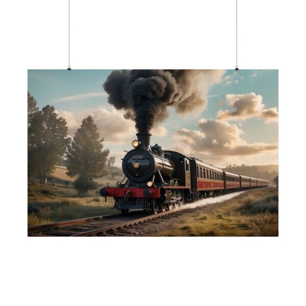 Vintage steam locomotive traveling through a rural countryside with billowing smoke under a partly cloudy sky