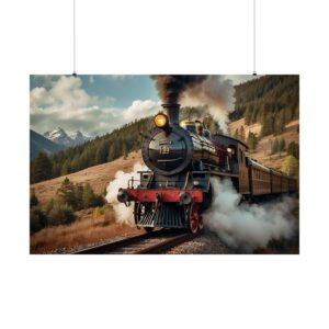 Vintage steam locomotive traveling through a mountainous landscape with billowing smoke and pine trees in the background