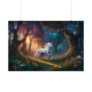 White unicorn walking through an enchanted forest with glowing lights and vibrant foliage