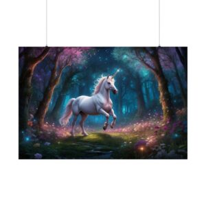 White unicorn standing in an enchanted forest with glowing lights and mystical trees