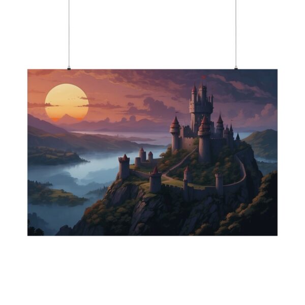 Castle on a hilltop with misty valleys and a setting sun in the background