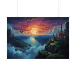 Castle on a cliff overlooking a misty valley with a full moon rising over the horizon