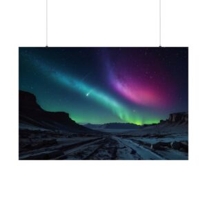 vibrant aurora lights in the night sky over a rugged alien landscape