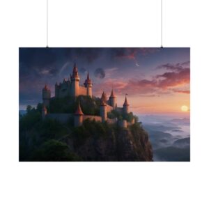 Majestic castle on a mountain at sunset with misty valleys and a distant sun