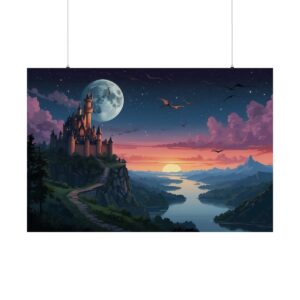 Castle overlooking a river valley at dusk with a full moon and flying creatures in the sky