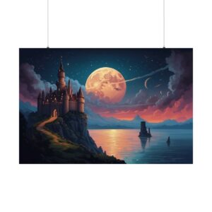 Castle on a cliff overlooking a calm sea with a large full moon and distant islands under a starry sky