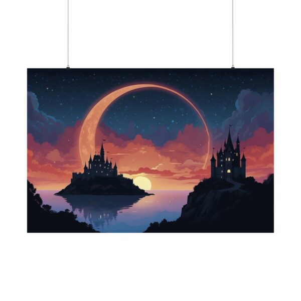 Two castles on separate islands with a crescent moon arching over the sky, reflected in calm waters at sunset