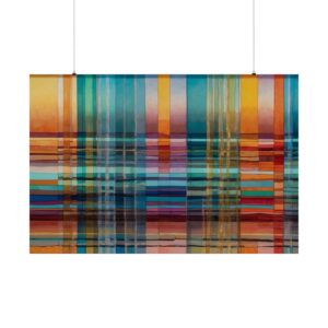 Abstract artwork with vertical and horizontal stripes in vibrant colors including blue, orange, red, and teal