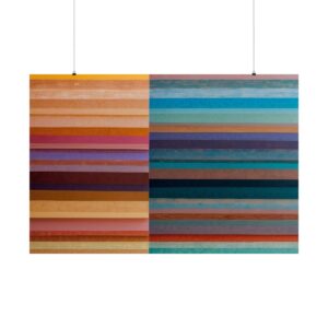 Abstract artwork with horizontal stripes of vibrant colors, divided into warm tones on the left and cool tones on the right