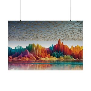 Abstract artwork featuring vibrant, multicolored crystal-like formations reflected in calm water with a textured ceiling above