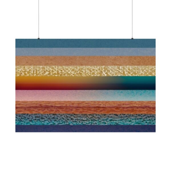 Abstract artwork with horizontal layers of vibrant colors, including shades of blue, gold, orange, and red