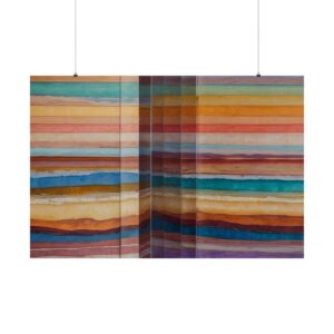 Abstract artwork with horizontal layers of vibrant colors including orange, blue, red, and yellow