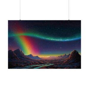 vibrant aurora lights over a mountainous alien landscape with a glowing river