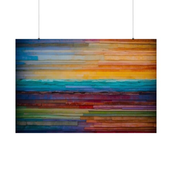 Abstract artwork with horizontal layers of vibrant colors including blue, orange, red, and green